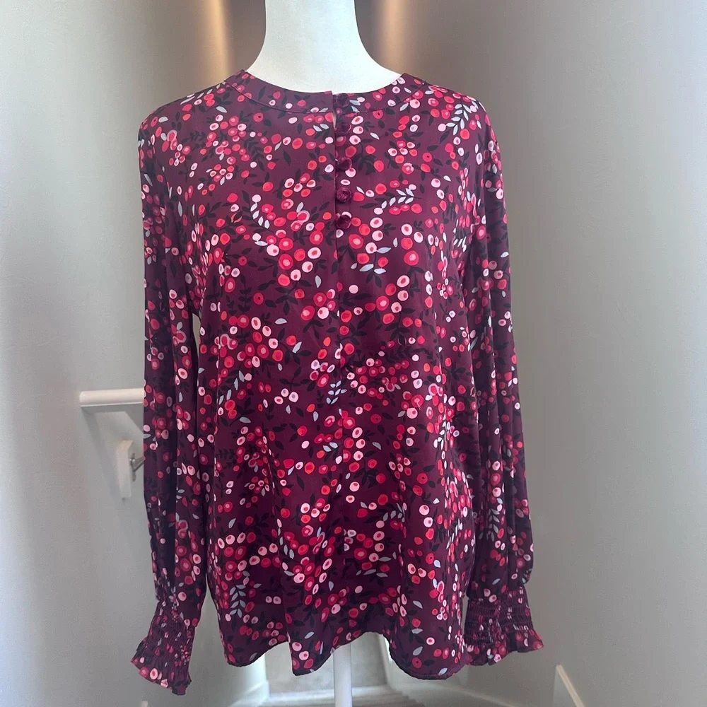 LOFT Blouse‎ Top Velvet Buttons Red & Pink Floral with Cuffed Sleeves Small